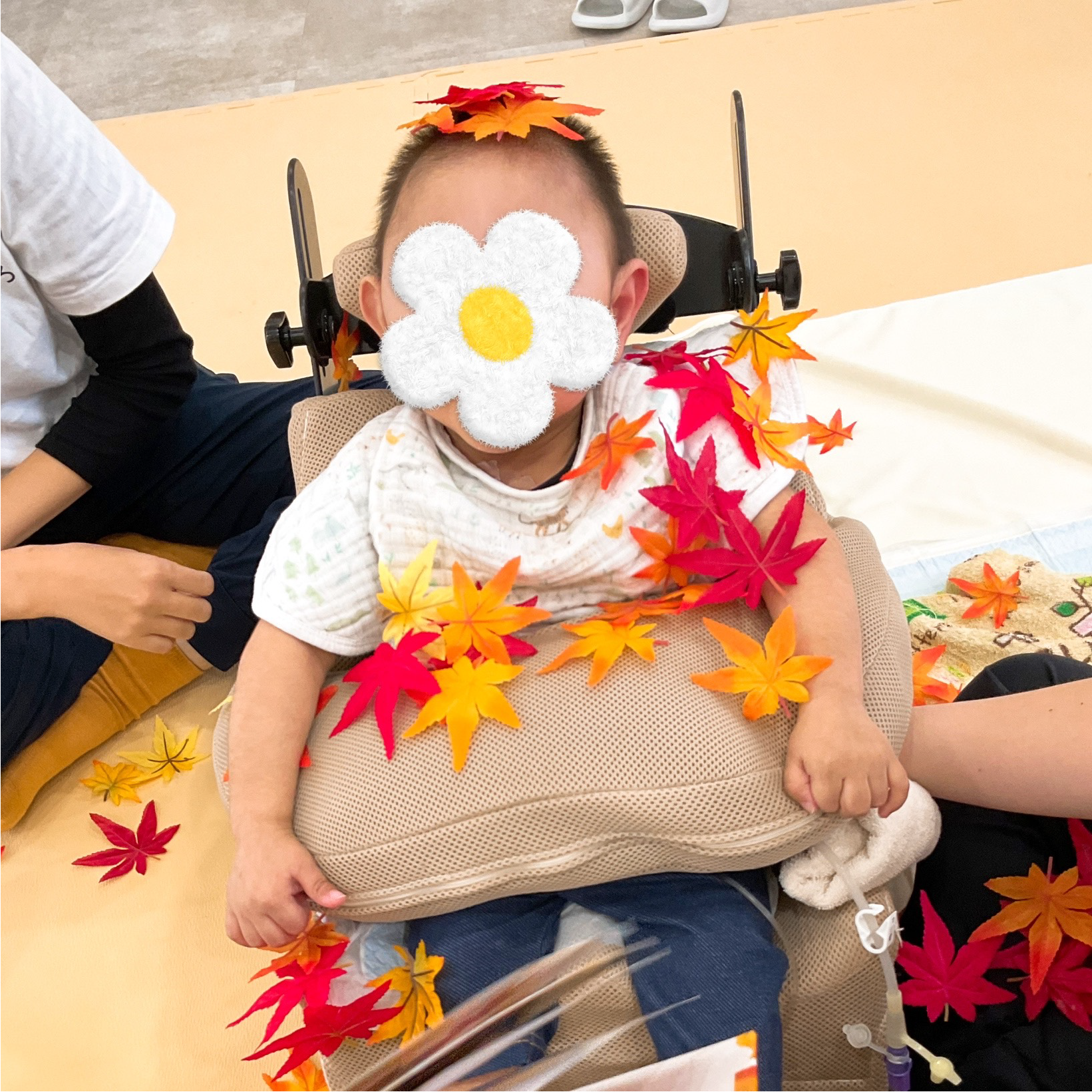 関西、兵庫県、神戸市北区にある重症心身障がい・医療的ケアに対応した児童発達支援施設「こどもデイ　はれいろ」です。みんなで秋の紅葉に埋もれてみました。