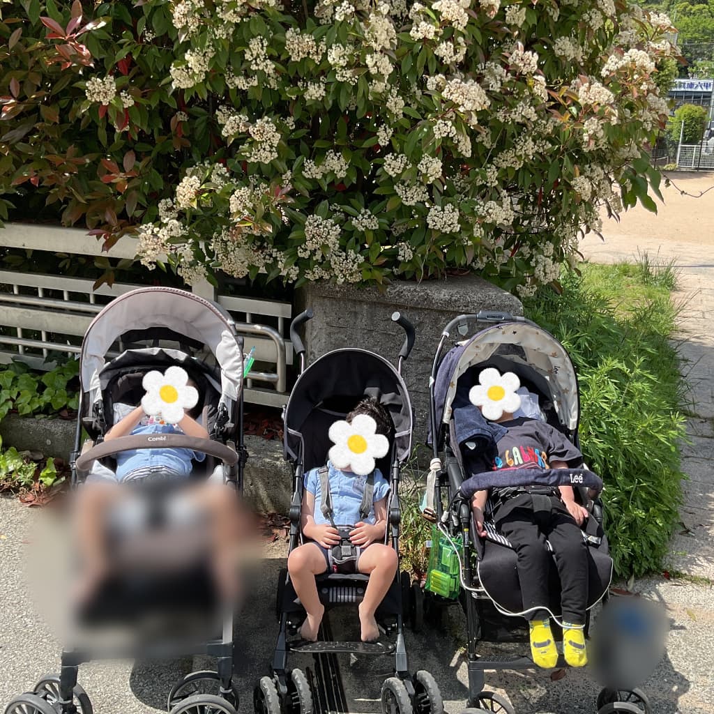 花が咲く植え込みの前で、3人の子どもたちがベビーカーに乗って休憩している様子