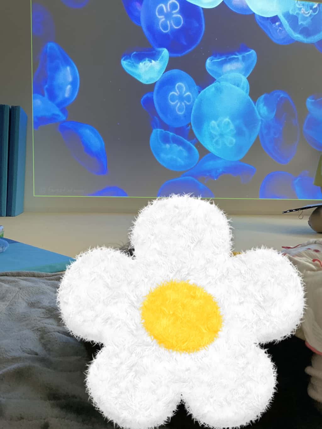 暗い部屋の壁に映し出されたクラゲの映像を眺めている子ども