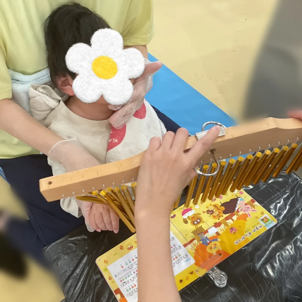 兵庫県神戸市北区、児童発達支援、居宅訪問型児童発達支援こどもデイはれいろです。今日は秋の音楽会で、好きな楽器を選んで演奏しました。
