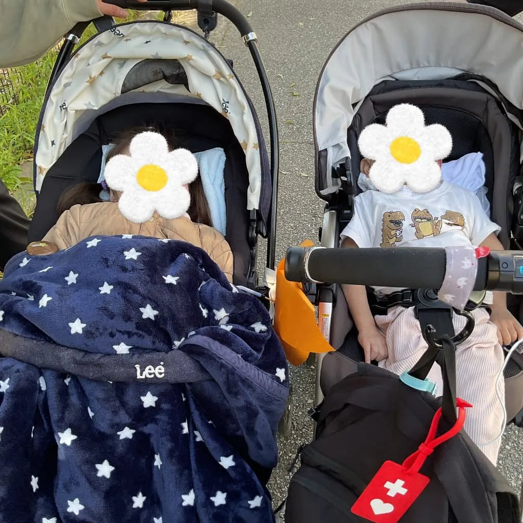 並んだベビーカーの中で、子どもたちが毛布に包まれている様子